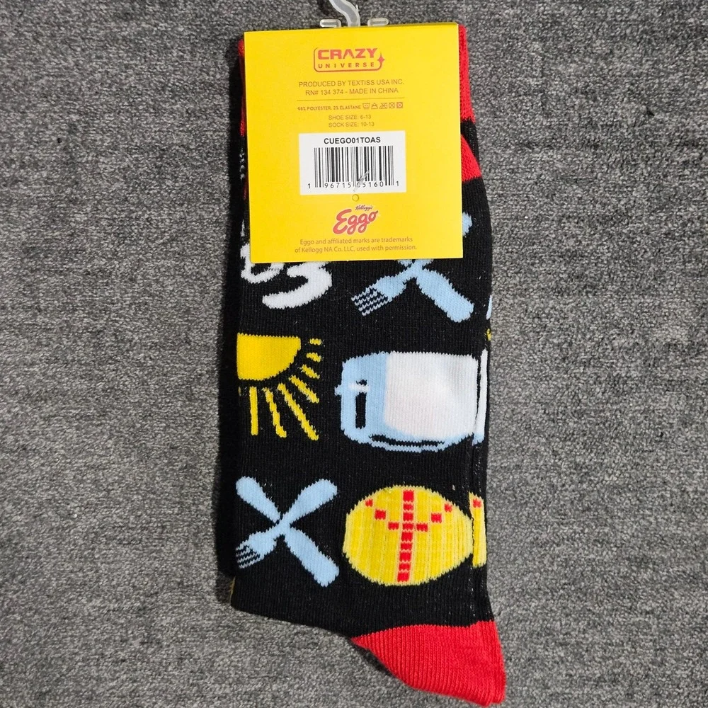Kelloggs Eggo Waffle Mens Crew‎ Socks Black Toaster Graphic Shoe Size 6-13 NEW
